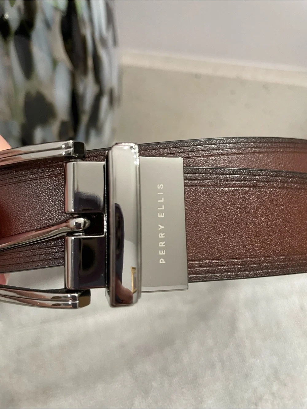 Perry Ellis Men's Brown Leather Belt with Dark Metal Buckle